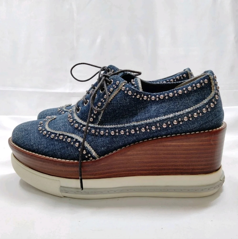 Miu Miu Denim Platform Studded Wingtip Oxfords Sneakers - Picture 8 of 8